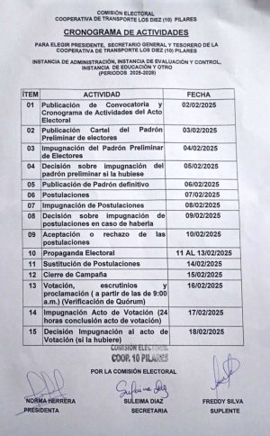 Cronograma de Actividades - Coop. de transporte 10 Pilares.